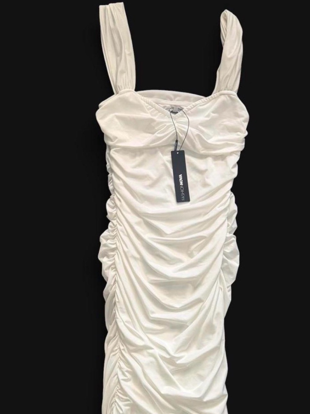 Fashion Nova White Ruched Midi Dress
